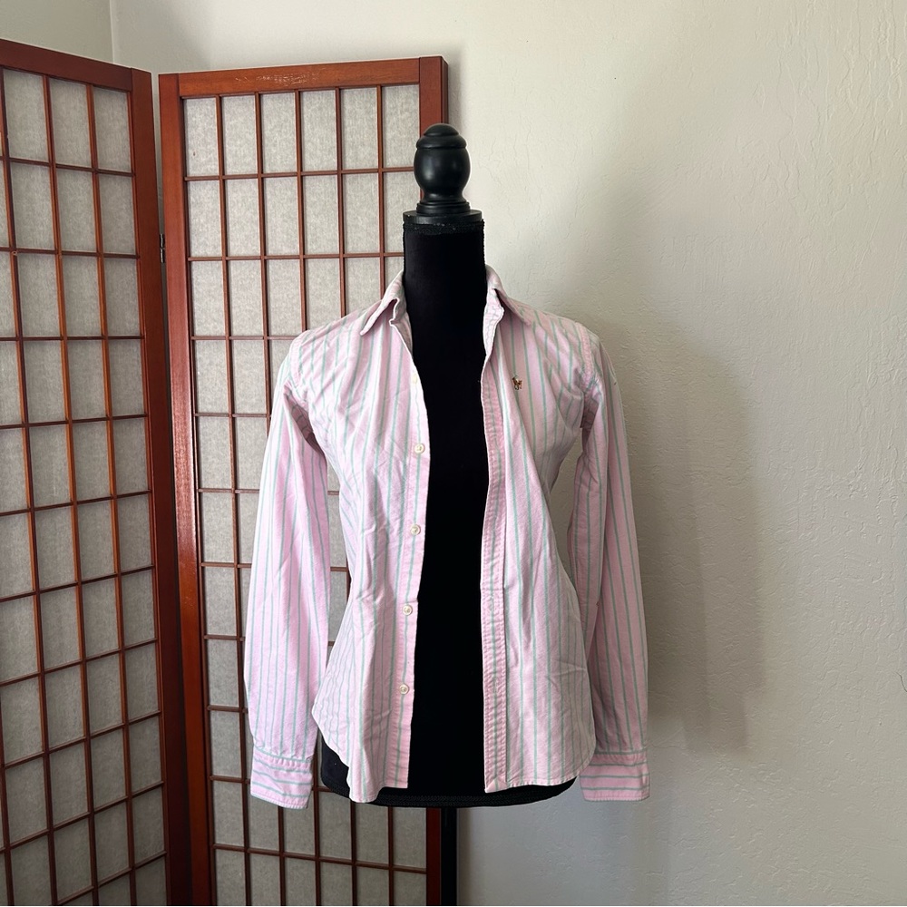 Y2K 100% Cotton Pink and Mint Striped Ralph Lauren Button Up
